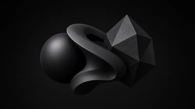 Esfera, cinta y cristal abstractos unidos en una sola forma